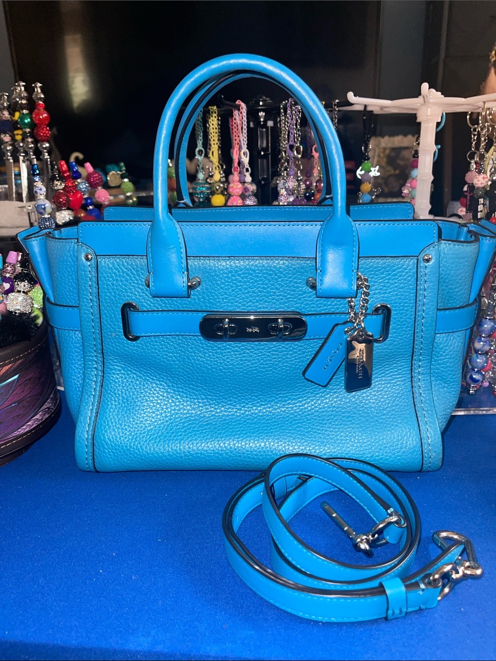 Coach Turquoise “Swagger 27”.  Pebbled Leather Satchel with Silver-Tone Turnlock
